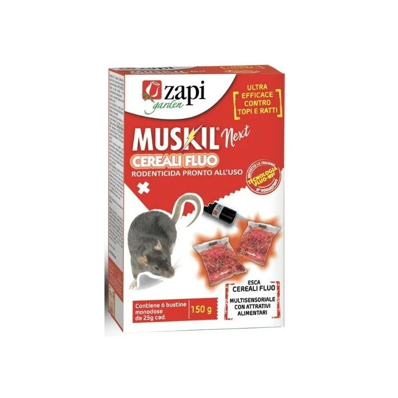 Esca muskil fluo,rodenticida per topi in cereali,pronta all'uso,150g